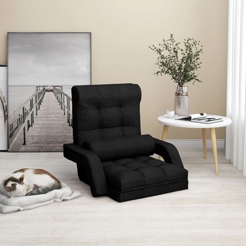 Folding Floor Chair with Bed Function Black Fabric