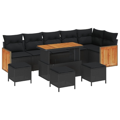 10 Piece Garden Sofa Set With Cushions Black Poly Rattan Acacia, 4 Piece Garden Dining Set With Cushions Black Poly Rattan Acacia