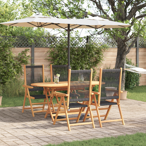 5 Piece Garden Dining Set - Black Solid Acacia Wood and Poly Rattan
