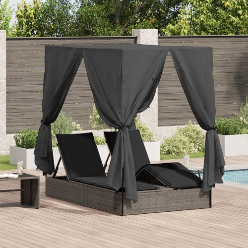Double Sun Lounger with Roof and Curtains in Grey Poly Rattan