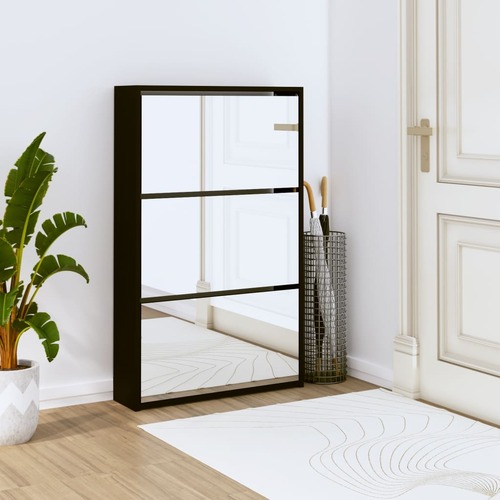 Shoe Cabinet with Mirror 3-Layer Black 63x17x102.5 cm