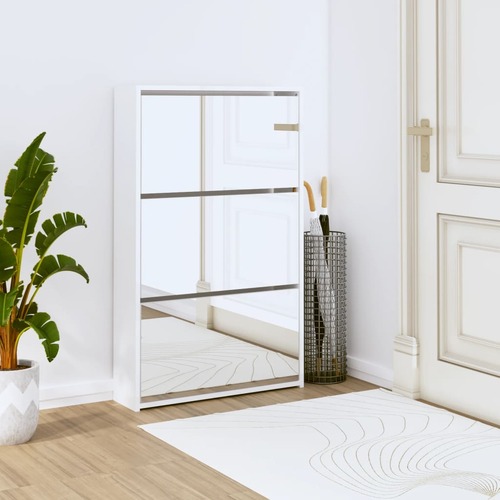 Shoe Cabinet with Mirror 3-Layer High Gloss White 63x17x102.5 cm