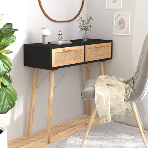 Console Table Black 80x30x75 cm Solid Wood Pine&Natural Rattan
