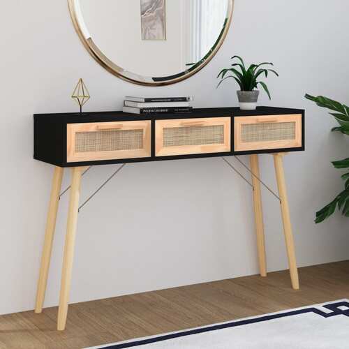 Console Table Black 105x30x75 cm Solid Wood Pine&Natural Rattan