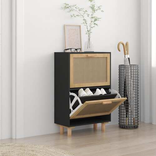 Shoe Cabinet Black 52x25x80 cm Engineered Wood and Natural Rattan