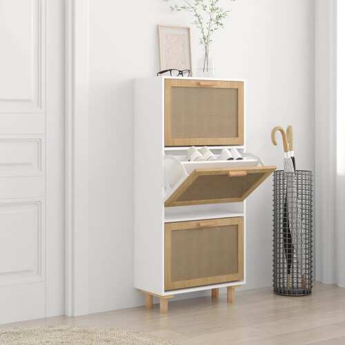 Shoe Cabinet White 52x25x115 cm Engineered Wood and Natural Rattan