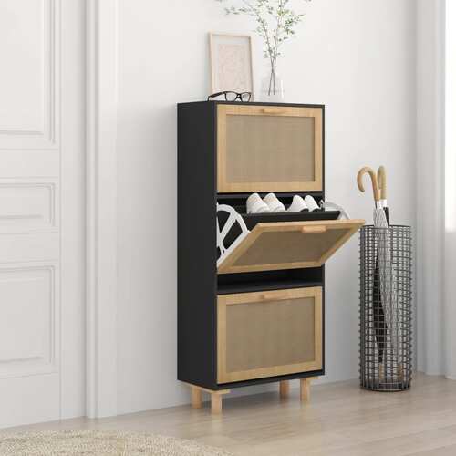 Shoe Cabinet Black 52x25x115 cm Engineered Wood and Natural Rattan