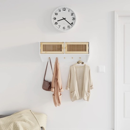 Wall-mounted Coat Rack White Engineered Wood and Natural Rattan