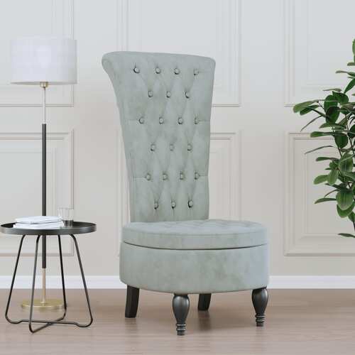 High Back Chair Light Grey Velvet Button Design