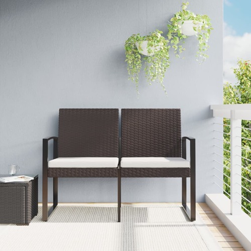 2-Seater Garden Bench with Cushions Brown PP Rattan
