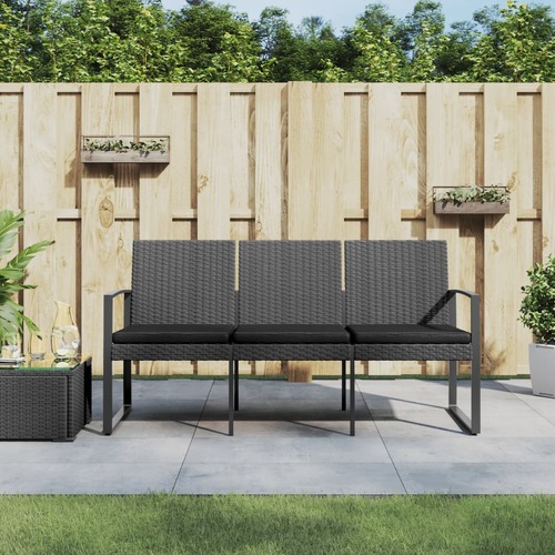 3-Seater Garden Bench with Cushions Dark Grey PP Rattan