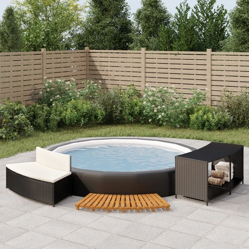 Hot Tub Surround Black Poly Rattan and Solid Wood Acacia