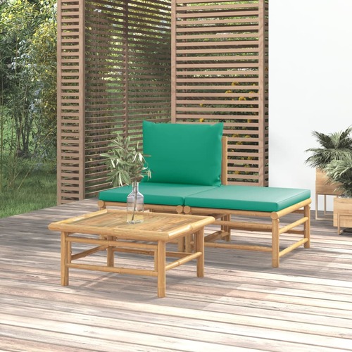 3 Piece Garden Lounge Set with Green Cushions Bamboo