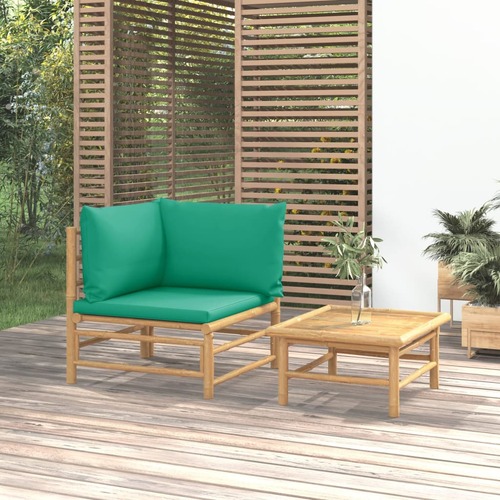 2 Piece Garden Lounge Set with Green Cushions Bamboo