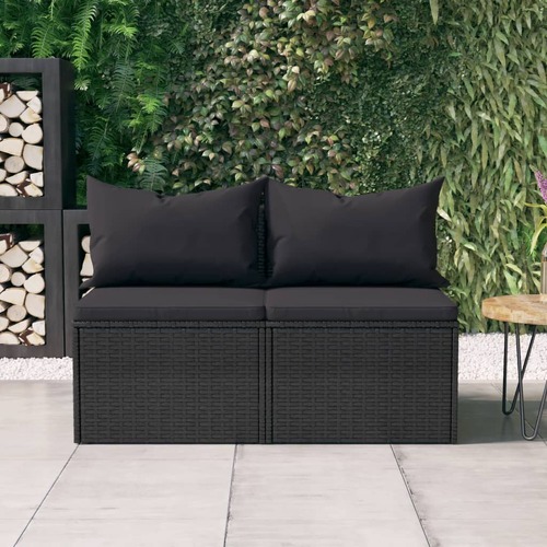 Garden Middle Sofas with Cushions 2 pcs Black Poly Rattan