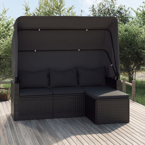 3-Seater Garden Sofa with Roof and Footstool Black Poly Rattan