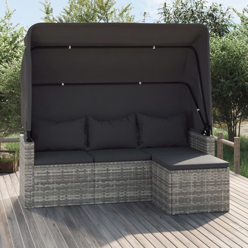 3-Seater Garden Sofa with Roof and Footstool Grey Poly Rattan