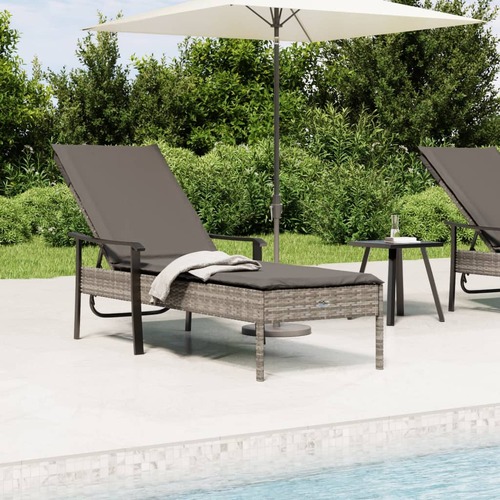 Sun Lounger with Cushion Grey Poly Rattan