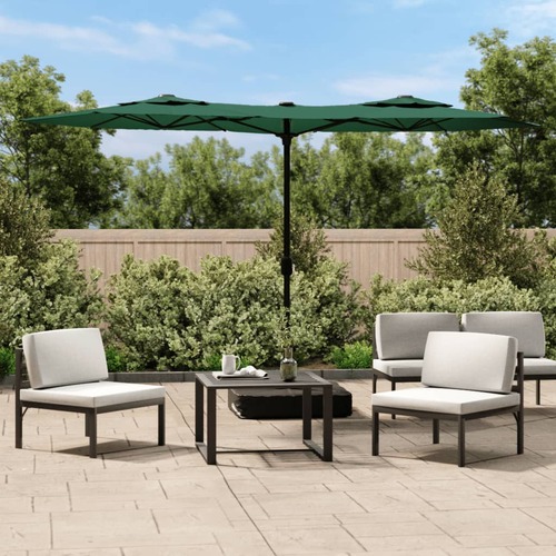 Double-Head Garden Parasol with LEDs Green 316x145 cm
