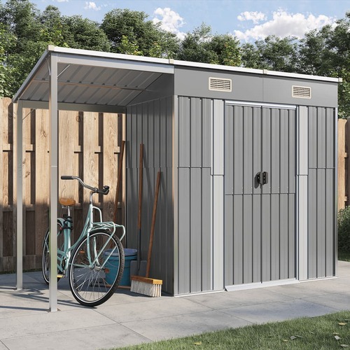 Garden Shed with Extended Roof Light Grey 277x107x181 cm Steel