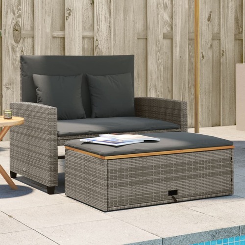 Garden Sofa with Cushions 2-Seater Grey Poly Rattan&Acacia Wood