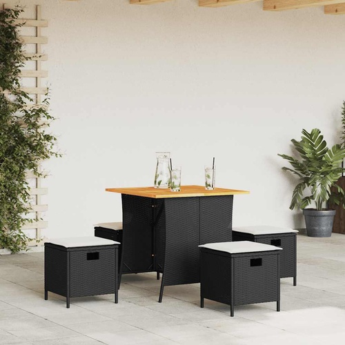 5 Piece Garden Dining Set with Cushions Black Poly Rattan