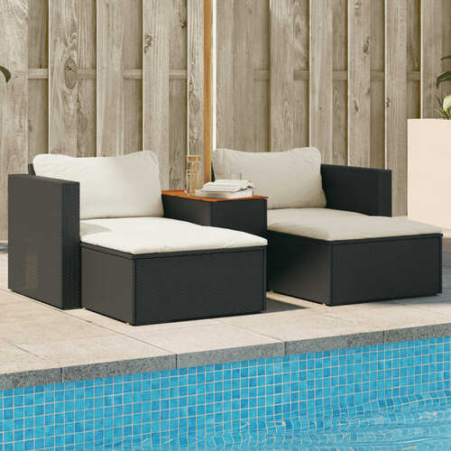 5 Piece Garden Sofa Set with Cushions Black Poly Rattan Acacia