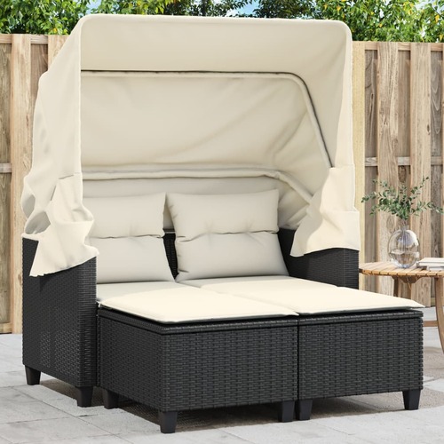Garden Sofa 2-Seater with Canopy and Stools Black Poly Rattan