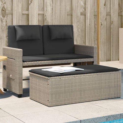 Reclining Garden Bench with Cushions Light Grey Poly Rattan