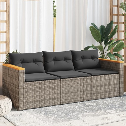 Garden Sofa with Cushions 3-Seater Grey Poly Rattan