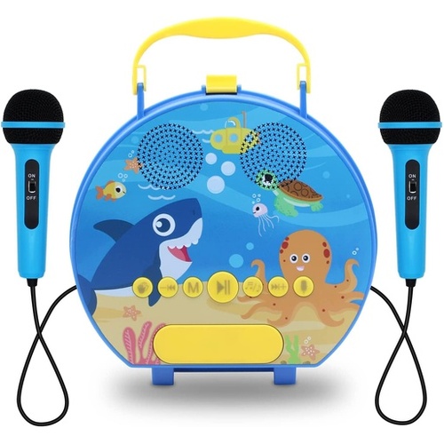 GOMINIMO Kids Portable Karaoke with Two Microphones (Round, Blue Shark)