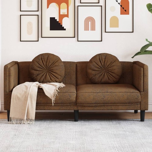 Sofa with Cushions 2-Seater Brown Faux Suede Leather