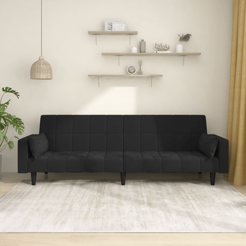 2-Seater Sofa Bed with Two Pillows Black Velvet