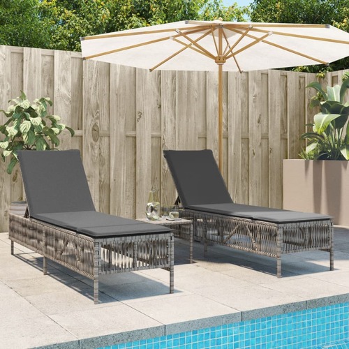 Sun Loungers 2 pcs with Table Grey Poly Rattan