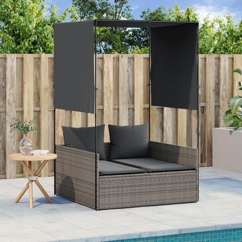 Double Sun Lounger with Roof and Curtains Grey Poly Rattan