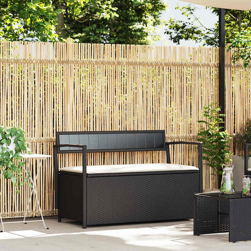Garden Storage Bench with Cushion Black Poly Rattan