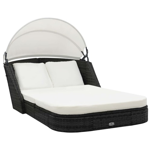 Sun Lounger with Canopy Poly Rattan Black