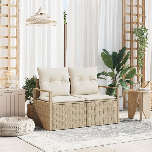 2-Seater Garden Sofa with Storage and Cushions in Beige Poly Rattan