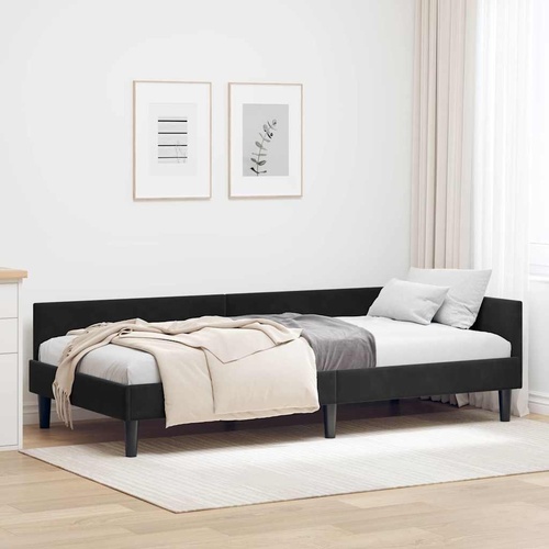 Corner Bed Frame Black 90 x 190 cm Velvet and Engineered wood