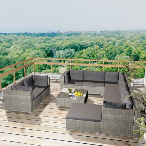 10 Piece Garden Lounge Set with Cushions Poly Rattan Grey