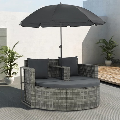 2 Seater Garden Sofa with Cushions and Parasol Grey Poly Rattan