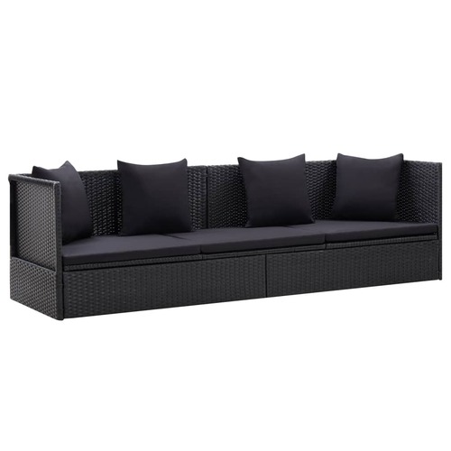 Garden Bed with Cushion and Pillow Poly Rattan Black