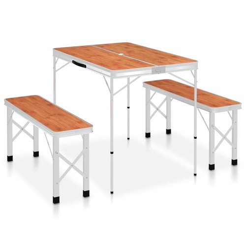 Folding Camping Table with 2 Benches Aluminium Brown