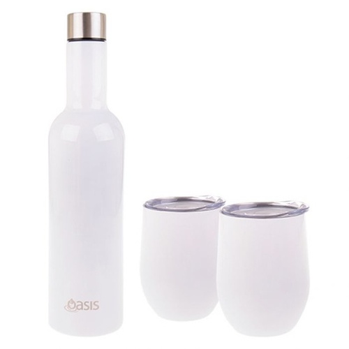 Oasis 3 Piece Stainless Steel Double Wall Insulated Wine Traveller Gift Set - White
