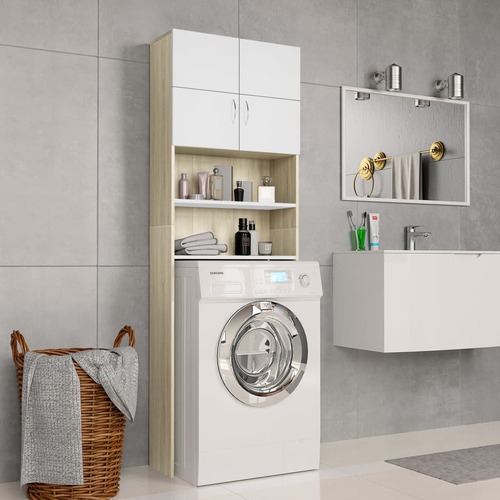Washing Machine Cabinet White and Sonoma Oak 64x25.5x190 cm Chipboard