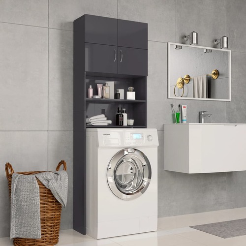 Washing Machine Cabinet High Gloss Grey 64x25.5x190 cm Chipboard