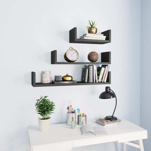 Wall Display Shelf 3 pcs High Gloss Grey Engineered Wood