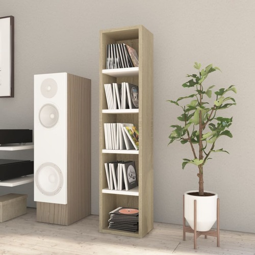 CD Cabinet White and Sonoma Oak 21x16x93.5 cm Chipboard