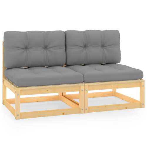 Garden Middle Sofas with Grey Cushions 2 pcs Solid Pinewood