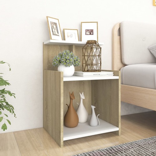 Bed Cabinet White and Sonoma Oak 40x35x60 cm Engineered Wood